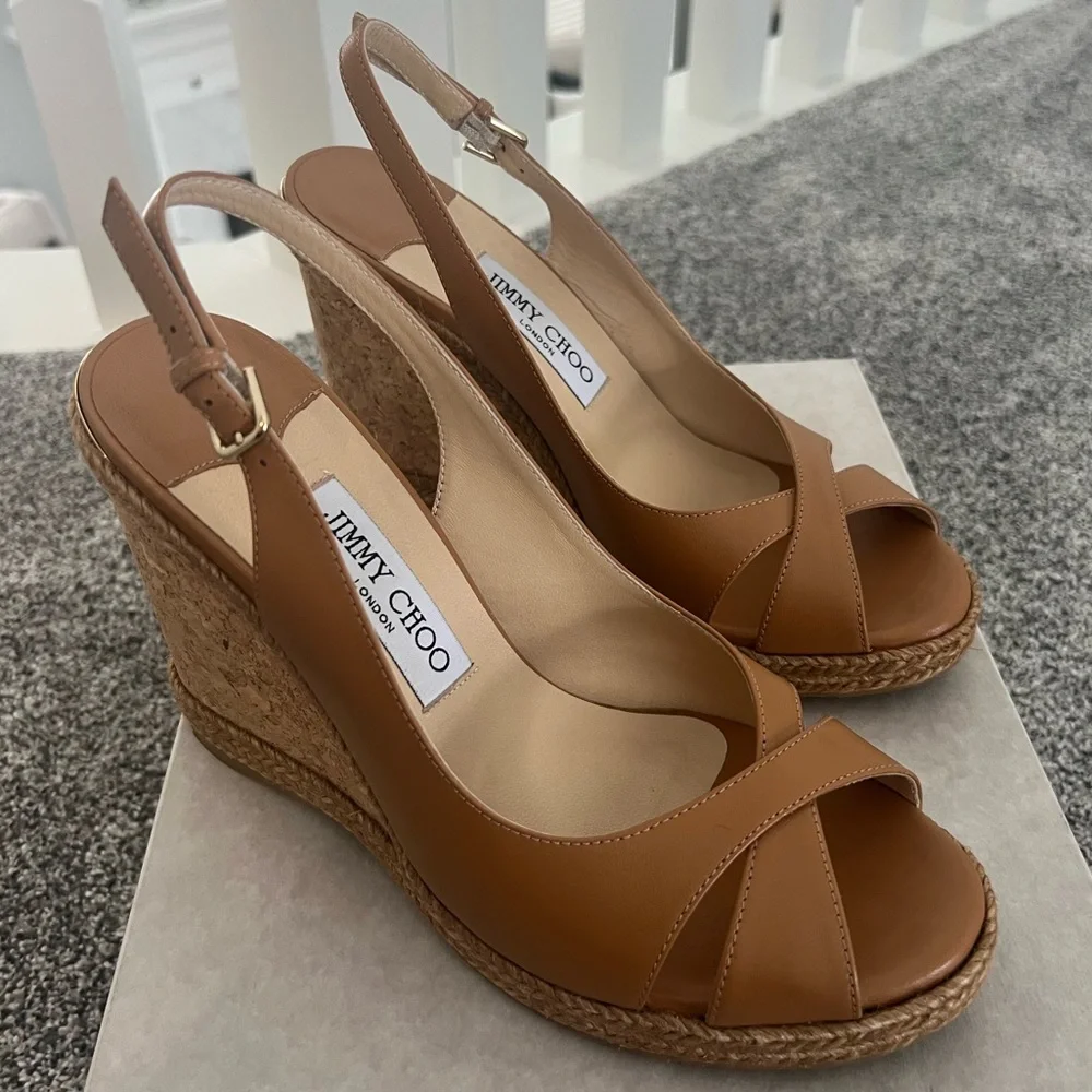 Jimmy Choo Carmel Brown Leather Wedge Sandals - Picture 1 of 13